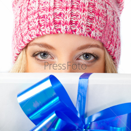 Closeup woman face wearing pink hat