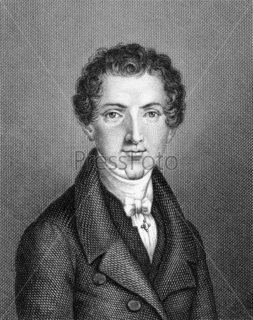 Вильгельм Хауф (1802-1827) на гравюре 1859 г. Немецкий поэт и писатель. Гравюра неизвестного художника, опубликованная в Энциклопедии Майерса, Германия, 1859