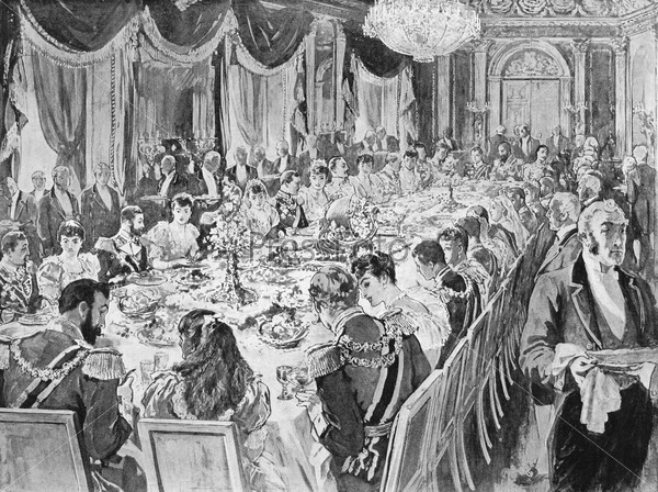 Royal wedding breakfast in the throne room at the Ehrenberg palace. Engraved by anonymous engraver and published in The Graphic newspaper, United Kingdom, 1894.