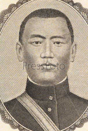 MONGOLIA - CIRCA 1955: Damdin Sukhbaatar on 1 Tugrik 1955 Banknote from Mongolia. Military leader and revolutionary hero.