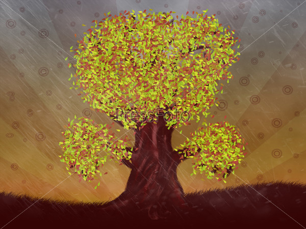 Abstract digital illustration of autumn fantasy tree.