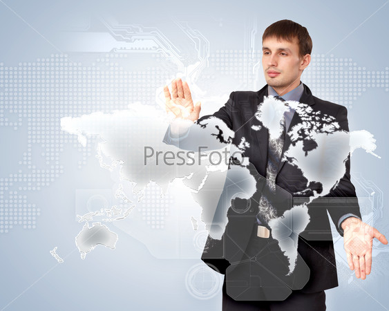 Modern Business World, A businessman navigating virtual world map