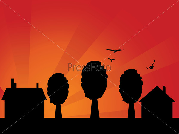 Illustration of abstract house silhouette with sunset sky background.