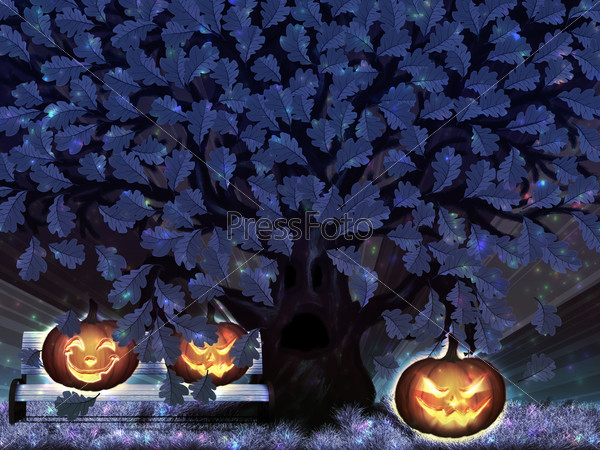 Illustration of fantasy oak tree at Halloween night with pumpkins.
