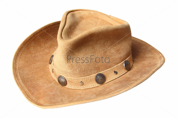 beige cowboy hat, decorated of five cents coins isolated on a white background