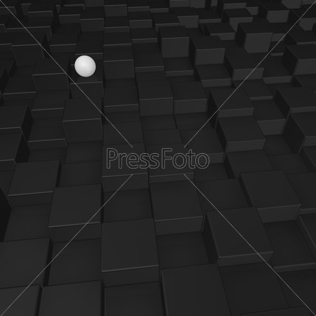 white sphere on black cubes surface - 3d illustration
