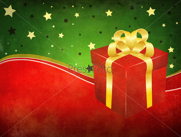 Illustration of red gift box with golden bow on grunge background.
