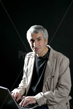 businessman working laptop, senior gray hair