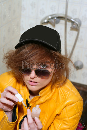 Funny eighties woman leather yellow jacket metaphor on the bath