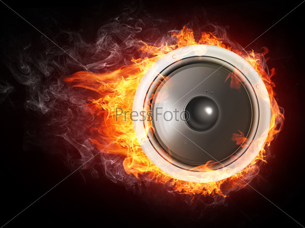 Loudspeaker on Fire Isolated on Black Background. 2D graphics, computer designe, stock photo