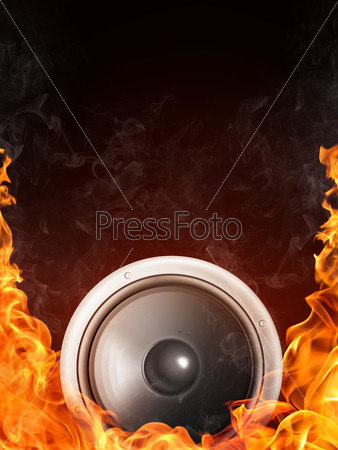 Loudspeaker on Fire and Water Isolated on Black Background. 2D graphics, computer designe