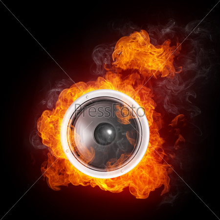Loudspeaker on Fire Isolated on Black Background. 2D graphics, computer designe