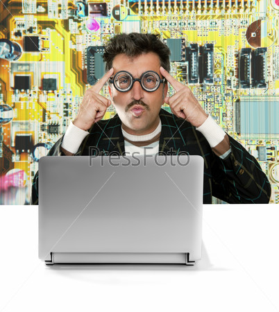 Nerd pensive man with myopic glasses looking for solution on electronics technology problem [Photo Illustration]