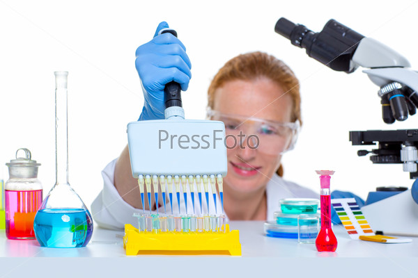 chemical laboratory scientist woman multi channel pipette