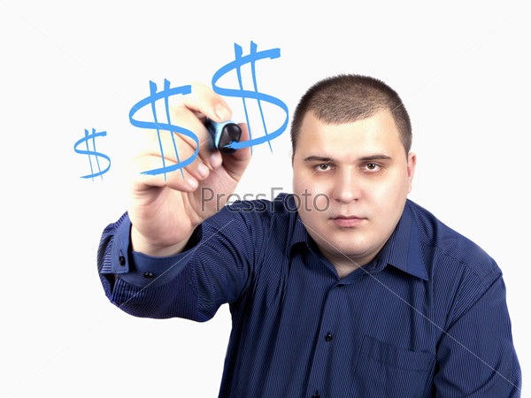 young man in a blue shirt marker drawing a dollar sign