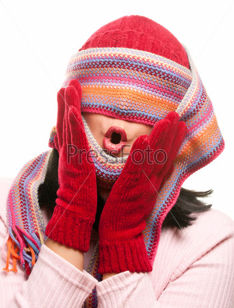 Attractive Woman With Colorful Scarf Over Eyes Isolated on a White Background.