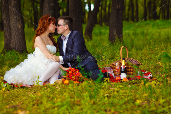 couple bride and groom sitting on the green grass, a picnic in woods at wedding