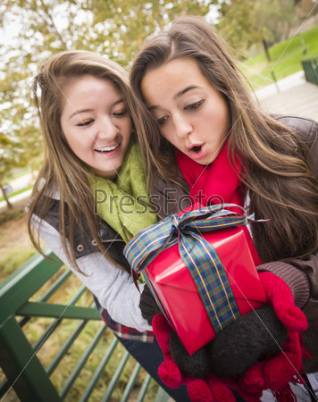 Two Attractive Mixed Race Women Having a Gift Exchange Outside.