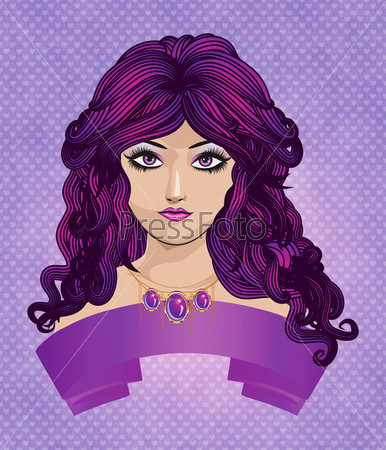 Illustration of a girl with purple hair on colorful background.