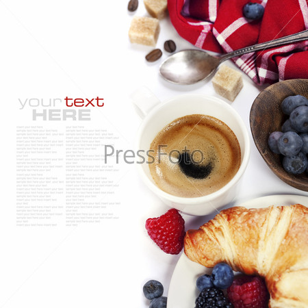 Delicious breakfast with fresh coffee, fresh croissants and fruits  (with sample text)
