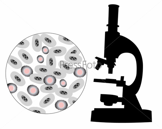 Silhouette of a microscope with the image of bacteria on a white background