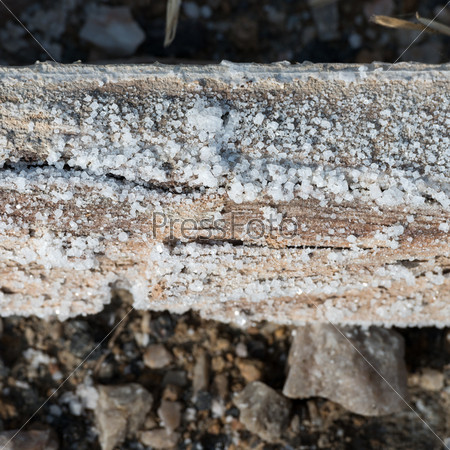 Covered by natural salt crystal wooden square log on salt farm on Sambhar Salt Lake, India, where salt has been farmed for a thousand years.