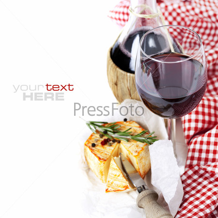 Cheese and italian wine over white (with easy removable sample text)
