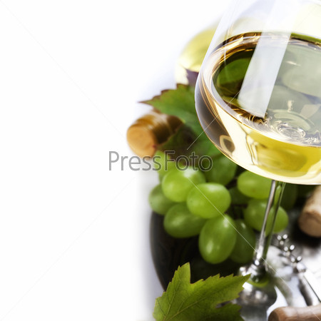 glass of wine and  grape over white