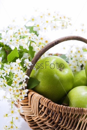 Green apple with flowers in a basket on a white background