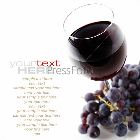 a glass of red wine and grape over white (with sample text)