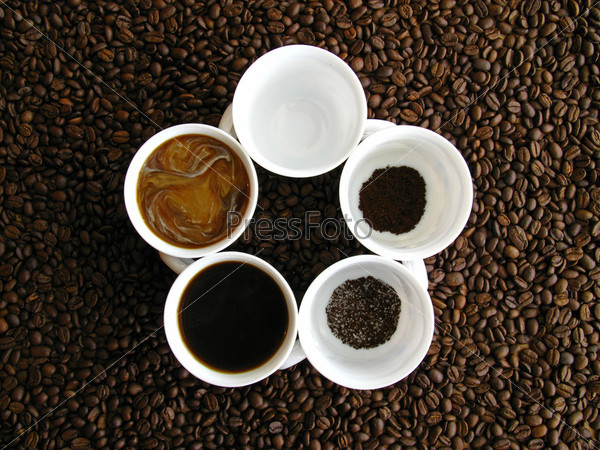 Cups of coffee with different stages of preparing drink