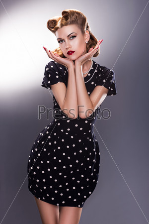 Stylized Retro Woman in Blue Polka Dot Dress - Vintage Style