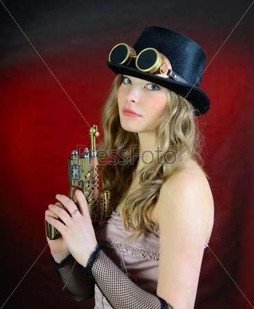 Steampunk Woman With Pistol , Top Hat And Goggles