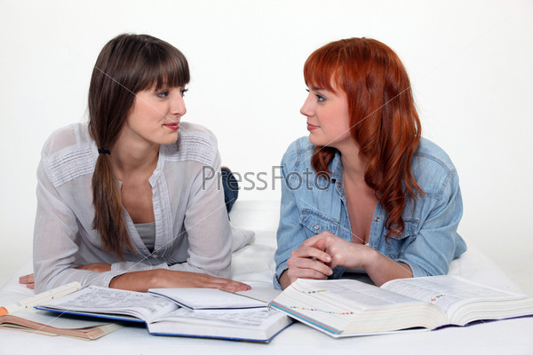 Two female friends studying, stock photo