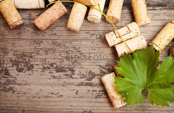 Dated wine bottle corks on the wooden background