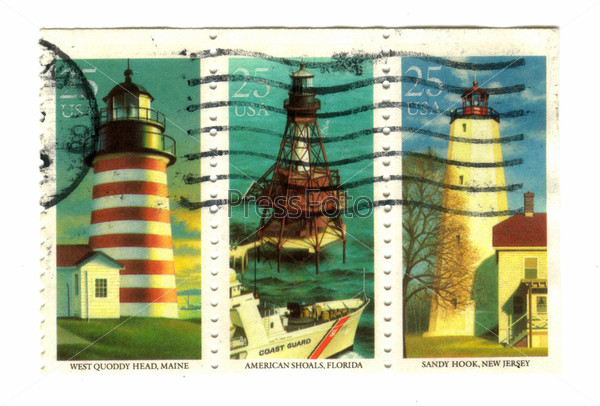 Old postage stamps from USA with Lighthouses