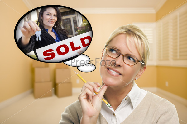 Woman in Empty Room with Thought Bubble of Sold Real Estate Sign