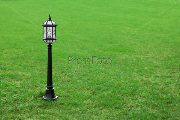 One metal black street lamp on green grass plot