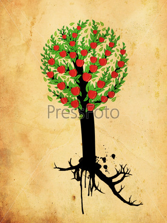 Tree with green leaves and red apples on paper background.