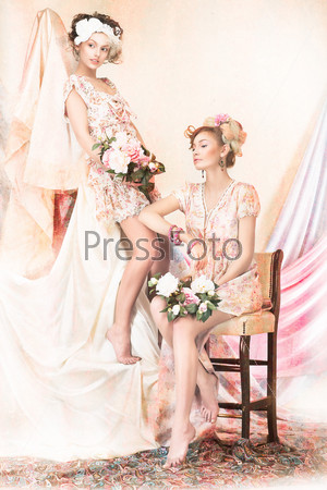 Sophistication. Old-Fashioned Concept. Two Pin Up Girls in Retro Dresses. Luxury