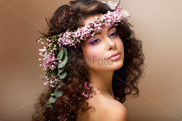 Nymph. Adorable Sensual Brunette With Garland Of Flowers Looks Like Angel