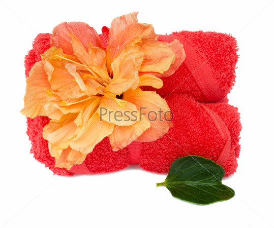 Pink bath towels with hibiscus