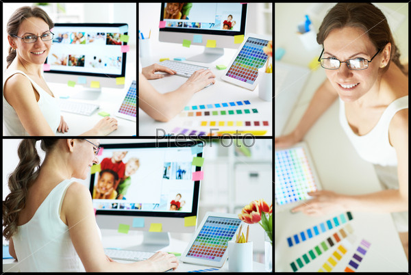 Collage of happy female designer working with colors