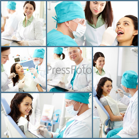 Collage of male dentist and his assistant at work