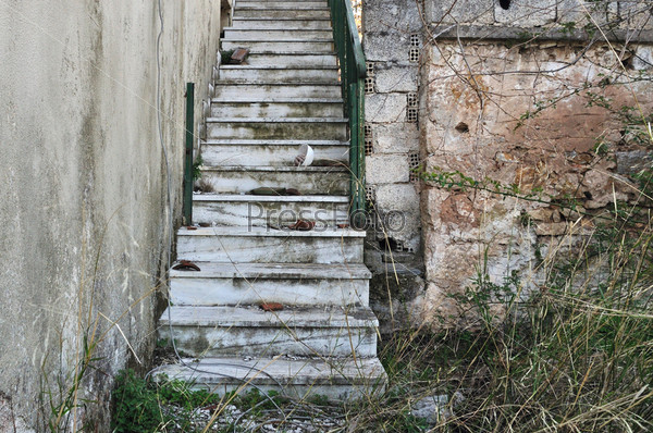 Abandoned house staircase, crumbling wall and overgrown plants.