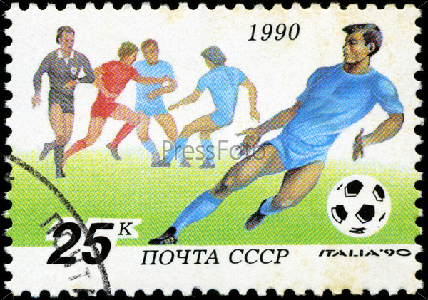USSR - CIRCA 1990: a stamp printed by USSR shows football players. World football cup in Italy, series, circa 1990
