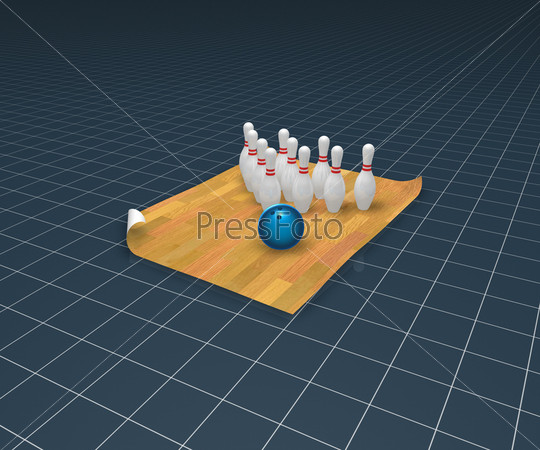 bowling pins and ball on squared background - 3d illustration