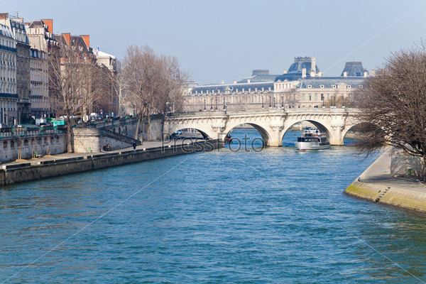 panorama with Pont Neuf in Paris in spring morning