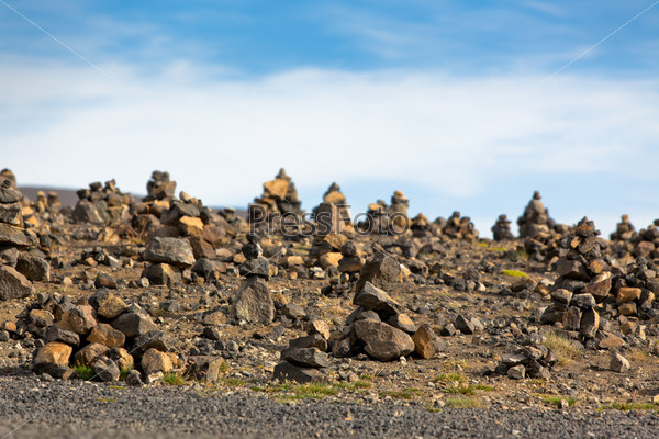 Landscape with Pyramids from stones, Iceland. Horizontal shot