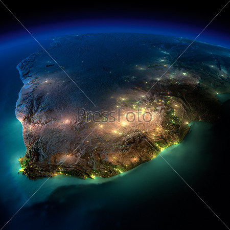 Highly detailed Earth, illuminated by moonlight. The glow of cities sheds light on the detailed exaggerated terrain and translucent water of the oceans. Elements of this image furnished by NASA, stock photo